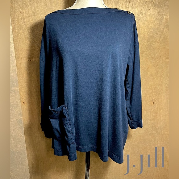 J Jill Navy Knit Top with Pocket, Button Details L - Picture 1 of 7